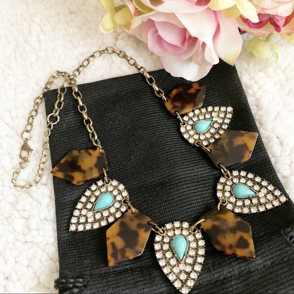 Charming Charlie Tortoise Shell & Rhinestone Statement Necklace Y2K